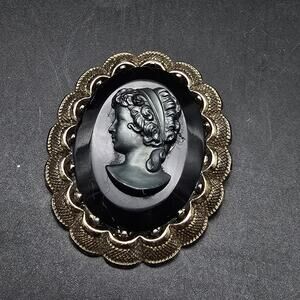 Black Acrylic Cameo Brooch Gold Tone Vintage Costume Jewelry